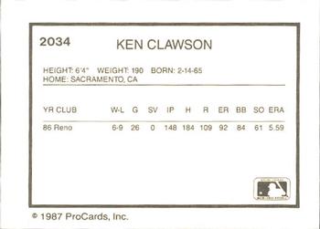 1987 ProCards #2034 Ken Clawson Back