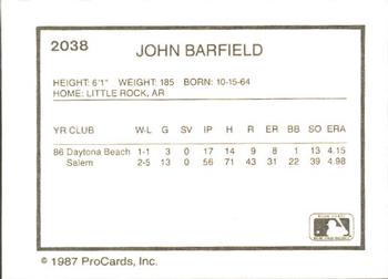 1987 ProCards #2038 John Barfield Back