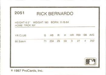 1987 ProCards #2051 Rick Bernardo Back