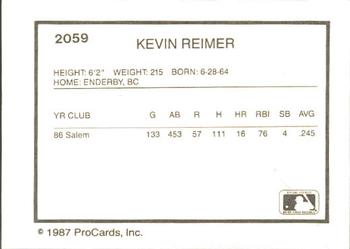 1987 ProCards #2059 Kevin Reimer Back
