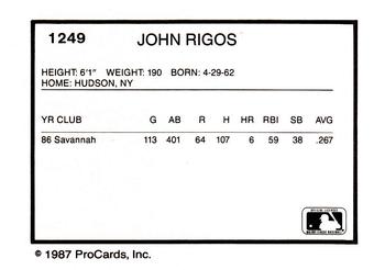 1987 ProCards #1249 John Rigos Back