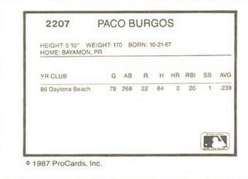 1987 ProCards #2207 Paco Burgos Back