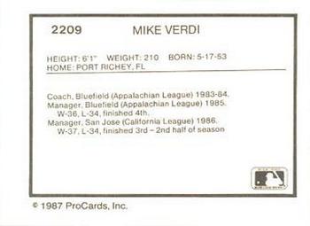 1987 ProCards #2209 Mike Verdi Back
