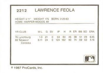 1987 ProCards #2212 Lawrence Feola Back