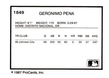 1987 ProCards #1849 Geronimo Pena Back