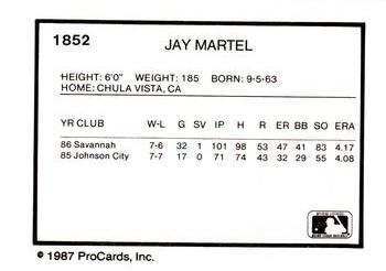 1987 ProCards #1852 Jay Martel Back