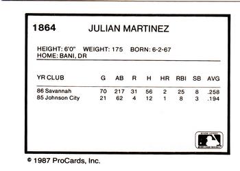 1987 ProCards #1864 Julian Martinez Back