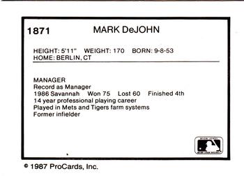 1987 ProCards #1871 Mark DeJohn Back