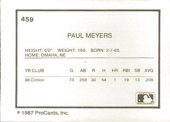 1987 ProCards #459 Paul Meyers Back