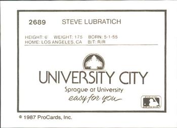 1987 ProCards #2689 Steve Lubratich Back
