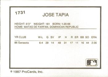 1987 ProCards #1731 Jose Tapia Back