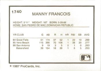 1987 ProCards #1740 Manny Francois Back
