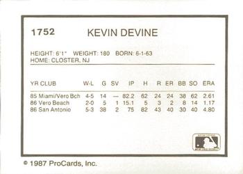 1987 ProCards #1752 Kevin Devine Back