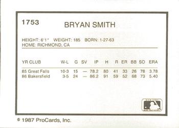 1987 ProCards #1753 Bryan Smith Back