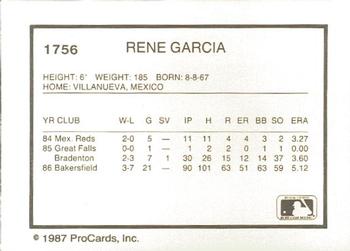 1987 ProCards #1756 Rene Garcia Back