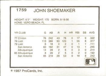 1987 ProCards #1759 John Shoemaker Back