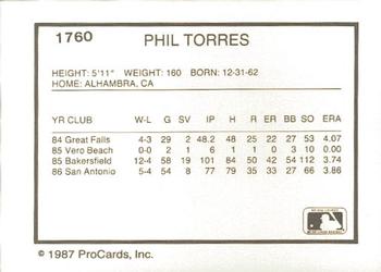1987 ProCards #1760 Phil Torres Back