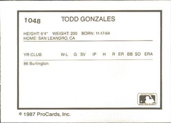 1987 ProCards #1048 Todd Gonzales Back