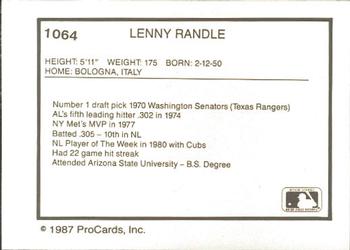 1987 ProCards #1064 Len Randle Back