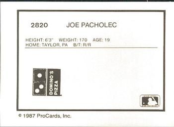 1987 ProCards #2820 Joe Pacholec Back