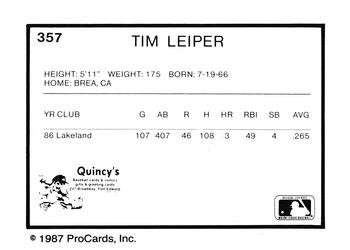 1987 ProCards #357 Tim Leiper Back