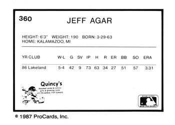 1987 ProCards #360 Jeff Agar Back