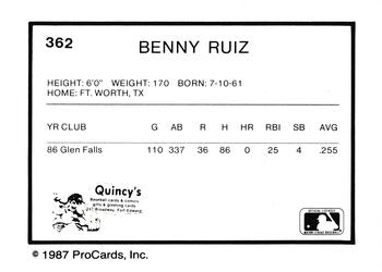 1987 ProCards #362 Benny Ruiz Back