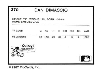 1987 ProCards #370 Dan Dimascio Back