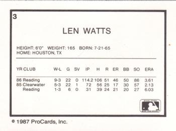 1987 ProCards #3 Len Watts Back