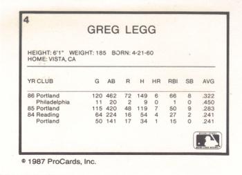 1987 ProCards #4 Greg Legg Back