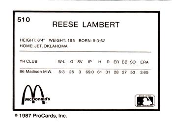 1987 ProCards #510 Reese Lambert Back