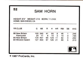 1987 ProCards #52 Sam Horn Back