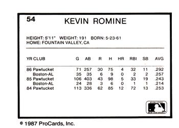 1987 ProCards #54 Kevin Romine Back