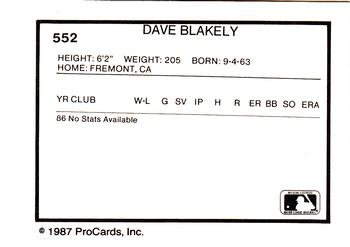 1987 ProCards #552 Dave Blakley Back