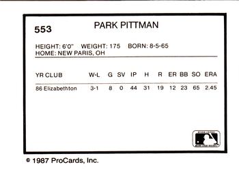 1987 ProCards #553 Park Pittman Back