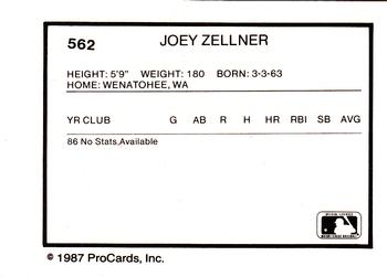 1987 ProCards #562 Joey Zellner Back