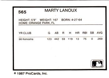 1987 ProCards #565 Marty Lanoux Back
