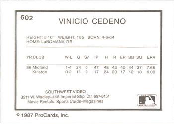 1987 ProCards #602 Vinicio Cedeno Back