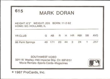 1987 ProCards #615 Mark Doran Back