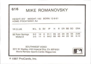 1987 ProCards #616 Mike Romanovsky Back