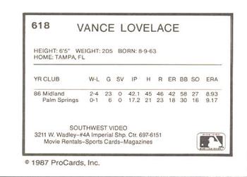 1987 ProCards #618 Vance Lovelace Back