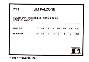 1987 ProCards #711 Jim Falzone Back