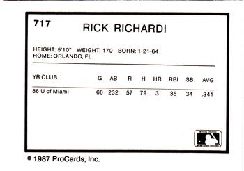 1987 ProCards #717 Rick Richardi Back