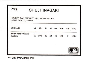 1987 ProCards #722 Shuji Inagaki Back