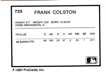 1987 ProCards #725 Frank Colston Back