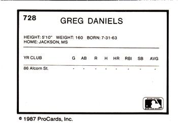 1987 ProCards #728 Greg Daniels Back