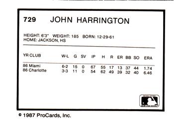 1987 ProCards #729 John Harrington Back