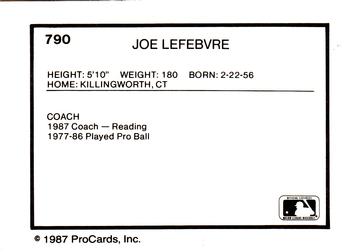 1987 ProCards #790 Joe Lefebvre Back