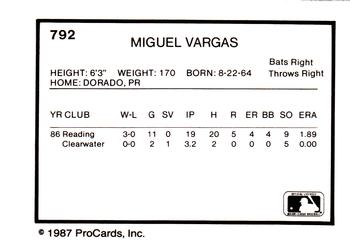 1987 ProCards #792 Miguel Vargas Back