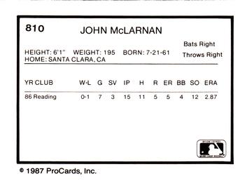 1987 ProCards #810 John McLarnan Back